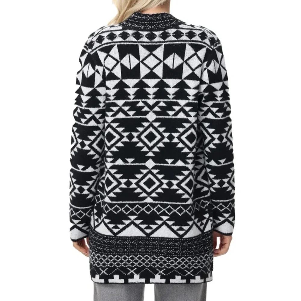 Frye Women's Patterned Cardigan BLACK WHITE Open Front Soft Cozy Pockets XXL 20